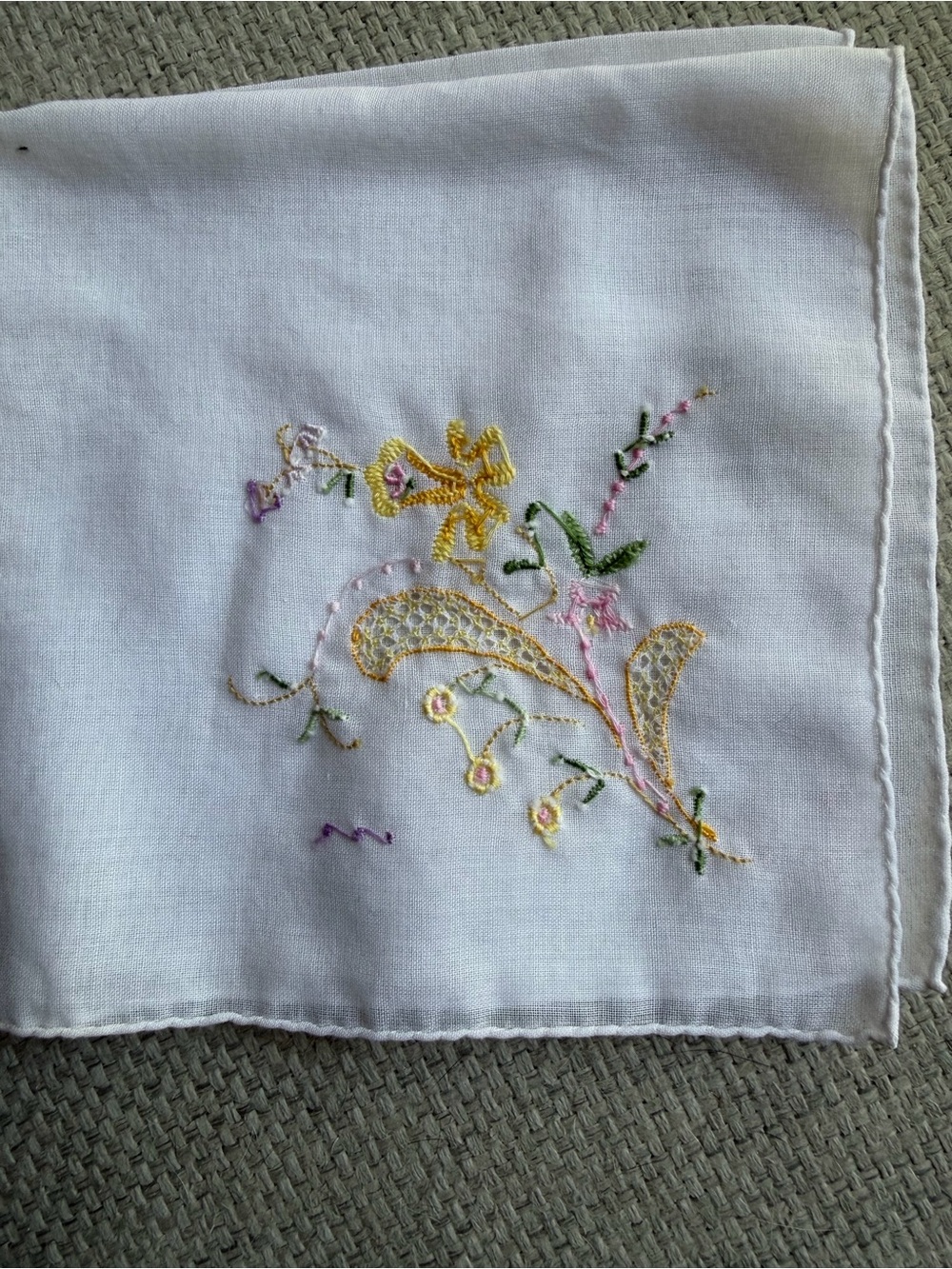 Hand Embroidered White Linen Hankie with Floral Motif